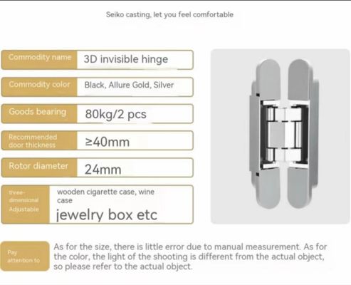 ภาระหนัก 80 กิโลกรัม ภาระสูงสุด สแตนเลส Hinge Invisible Set 3D Hinge Invisible